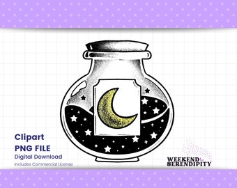 May include: Black and white illustration of a glass bottle with a crescent moon and stars inside. The bottle has a label with a yellow crescent moon on it.