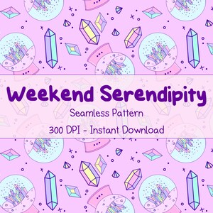Seamless Pattern Kawaii Crystal Ball with Floating Crystals, Repeat Pattern, Digital Download, Commercial Use Ok