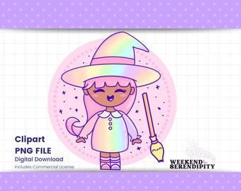 Kawaii Rainbow Witch with Broom PNG File, Digital Download for Sublimation, T-Shirt Designs, Clip Art | Commercial Use Ok