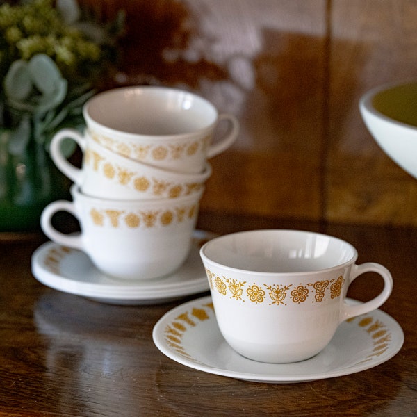 Corelle Butterfly Gold Vintage Tea Cups and Saucers Set of 4