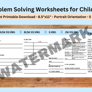 Puede incluir: Hoja de trabajo imprimible para niños para practicar habilidades de resolución de problemas. La hoja de trabajo incluye secciones para identificar el problema, generar ideas para soluciones y sopesar los pros y los contras de cada solución. La hoja de trabajo también incluye instrucciones sobre cómo usar la hoja de trabajo.