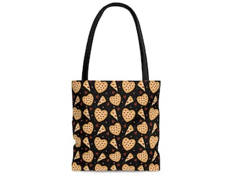 Pizza-Liebhaber-Einkaufstasche, süße herzförmige Peperoni-Pizza-Scheiben-schwarze Tasche, haltbare Strand-Lebensmittelgeschäft-Schule-Tasche