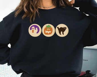 Halloween Sugar Cookie Sweatshirt, Spooky Season Cat Pumpkin Boo Ghost Graphic Crewneck, Cute Trendy Trick Or Treat Gift, Unisex Long Sleeve