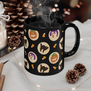 Halloween Sugar Cookie Mug, Pumpkin Ghost Cat Candy Corn Spooky Season Design, Cute Fall Sweet Treat Gift, Black Ceramic Coffee Cup 11oz image 4