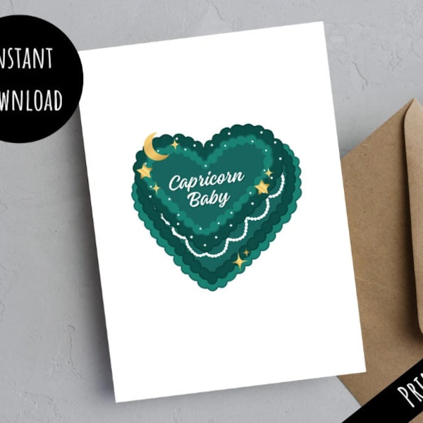 Printable Capricorn Baby Heart Cake Card, Teal Moon Star Zodiac Happy Birthday Gift, Cute Easy Print From Home, Digital Download 5x7 PDF JPG