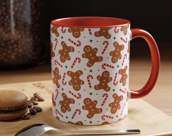 Christmas Gingerbread Man Mug, Classic Holiday Cookie Man Candy Cane Design, Cute Xmas Trendy Cozy Winter Gift, Ceramic Coffee Cup 11oz