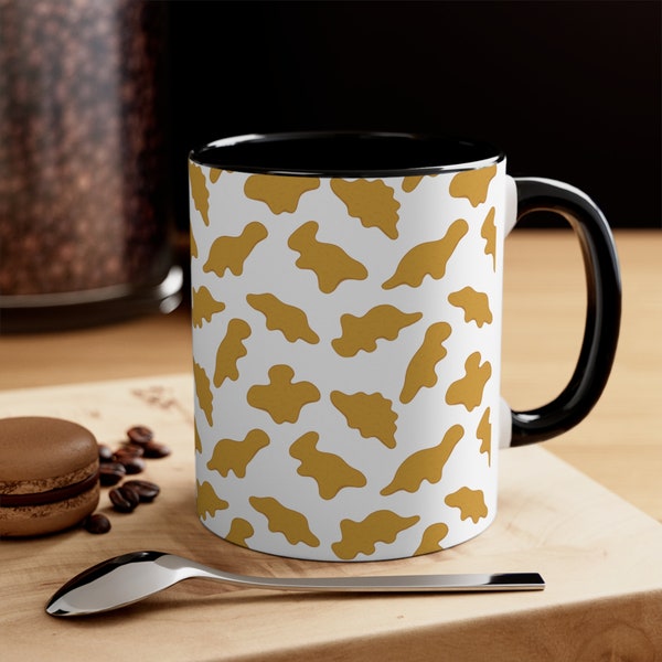 Dino Nugget Mug, Dinosaur Chicken Nugget Pattern Design, Cute Trendy Nostalgic Kids Fast Food Gift, Accent Color Ceramic Coffee Cup 11oz