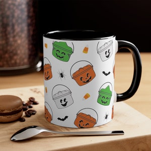 Halloween Bucket Mug, Happy Boo Candy Trick or Treat Spooky Season Design, Ghost Pumpkin Witch Pails, Black Accent Ceramic Coffee Cup 11oz