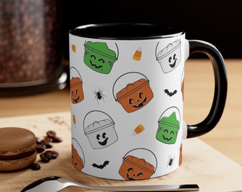 Halloween Bucket Mug, Happy Boo Candy Trick or Treat Spooky Season Design, Ghost Pumpkin Witch Pails, Black Accent Ceramic Coffee Cup 11oz