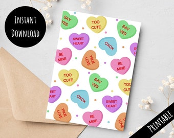 Druckbare Valentinstag Candy Herz Karte, süßes Herz Nachricht V Day Geschenk, Konversation Herz einfach zu Hause drucken, Download 5x7 PDF JPG