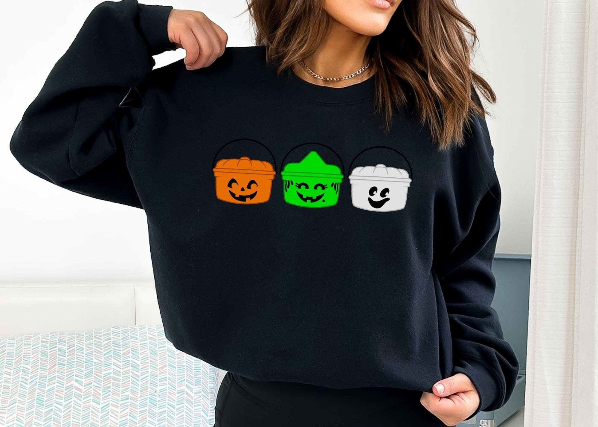 Halloween Bucket Sweatshirt, Happy Boo Meal Trick or Treat Pail Graphic Crewneck, Nostalgic Vintage Spooky Season, Unisex Cotton Sweater