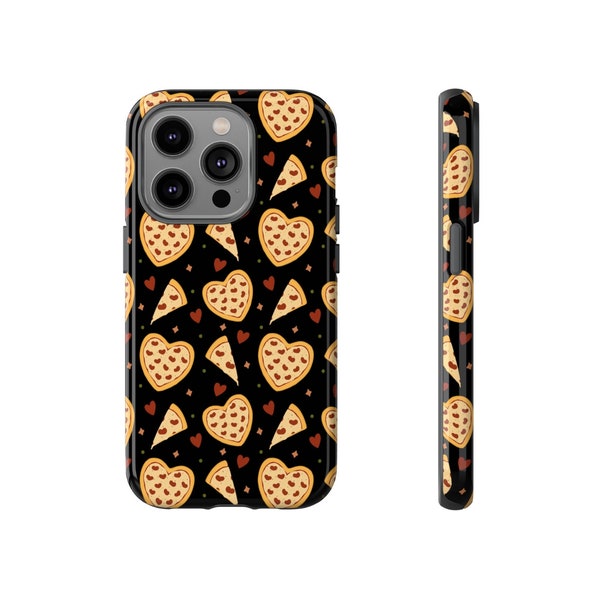 Pizza Lovers Tough Phone Case, Heart Shaped Pepperoni Pizza Slice Design, Cute Black Retro Durable 2 Layer Iphone Galaxy Phone Case