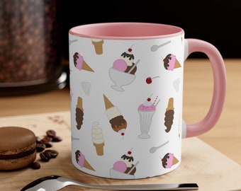 Ice Cream Shop Mug, Soft Serve Ice Cream Scoop Cone Sundae Milkshake Design, Cute Summer Dessert Gift, Accent Color Ceramic Coffee Cup 11oz