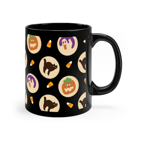 Halloween Sugar Cookie Mug, Pumpkin Ghost Cat Candy Corn Spooky Season Design, Cute Fall Sweet Treat Gift, Black Ceramic Coffee Cup 11oz