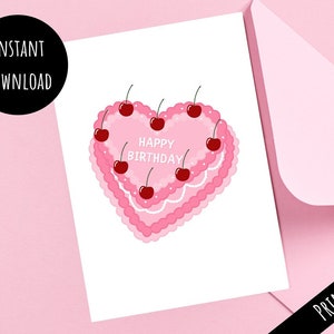 Druckbare Herzkuchen-Alles Gute zum Geburtstagskarte, süßes Geschenk zum B-Tag mit rosa gefrostetem Kirschkuchen, einfacher Druck von zu Hause aus, digitaler Download 5x7 PDF JPEG