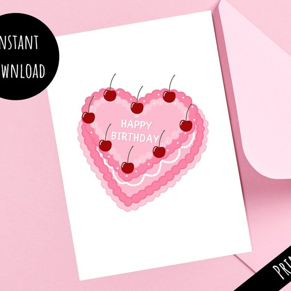 Printable Heart Cake Happy Birthday Card, Cute Pink Frosted Cherry Cake B Day Gift, Easy Print From Home, Digital Download 5x7 PDF JPEG