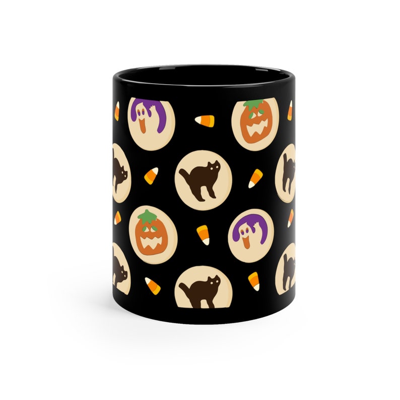 Halloween Sugar Cookie Mug, Pumpkin Ghost Cat Candy Corn Spooky Season Design, Cute Fall Sweet Treat Gift, Black Ceramic Coffee Cup 11oz image 2