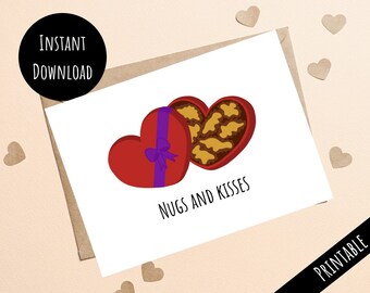 Druckbare Dino Nuggets-Valentinstagskarte, Dinosaurier-Hühnernuggets, Valentinstagsherz-Geschenkbox Nugs und Küsse, digitaler Download PDF JPEG