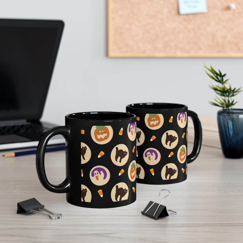 Halloween Sugar Cookie Mug, Pumpkin Ghost Cat Candy Corn Spooky Season Design, Cute Fall Sweet Treat Gift, Black Ceramic Coffee Cup 11oz image 5