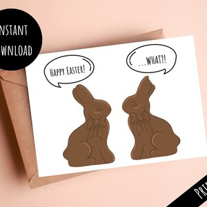 Afdrukbare grappige chocolade Bunny Paaskaart, Happy Easter Candy Rabbit woordspeling, afdrukken vanuit huis wenskaart, Instant Digitale Download PDF JPEG afbeelding 1