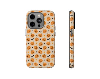 Jack O Lantern stoere telefoonhoes, schattig griezelig seizoen Halloween gesneden pompoen Candy Corn ontwerp, duurzaam 2 laags iPhone Galaxy telefoonhoesje