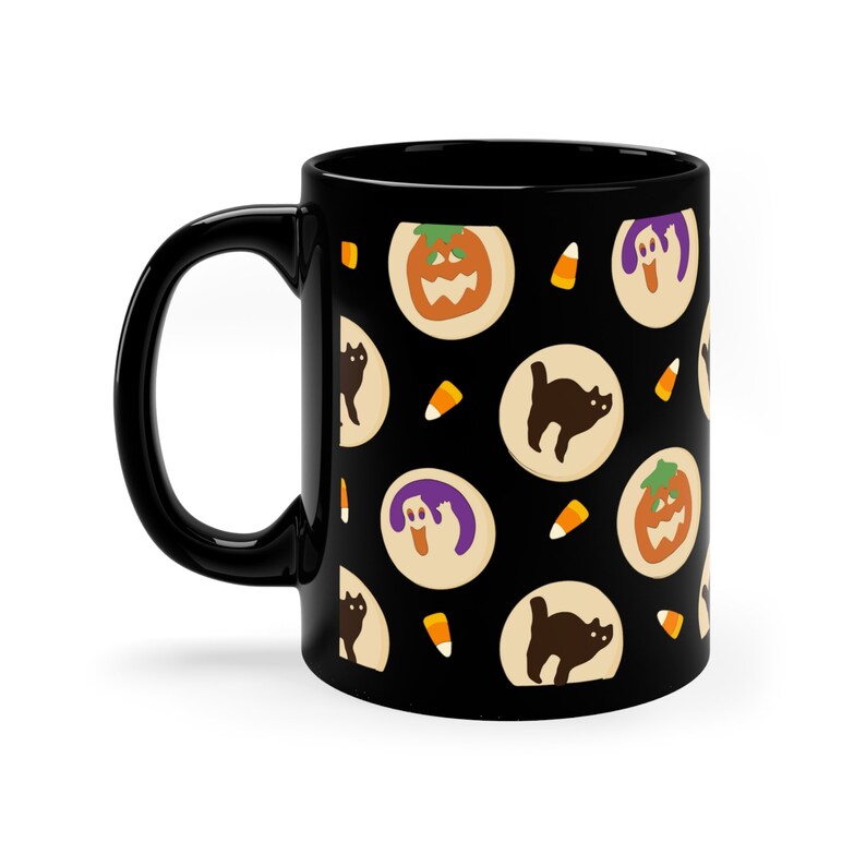 Halloween Sugar Cookie Mug, Pumpkin Ghost Cat Candy Corn Spooky Season Design, Cute Fall Sweet Treat Gift, Black Ceramic Coffee Cup 11oz image 3