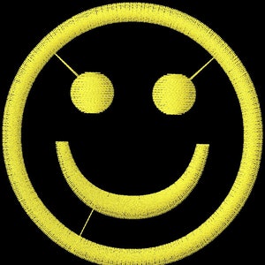 Puede incluir: Una cara sonriente amarilla con un diseño simple. La cara está delineada en amarillo y tiene dos ojos y una boca.