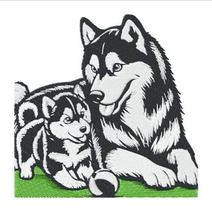 May include: A black and white embroidered image of two huskies, one larger than the other, playing with a ball. The larger husky is lying down with its head resting on the smaller husky's back. The smaller husky is sitting up and looking at the ball. The background is a green grassy area.