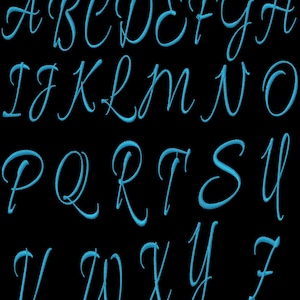 May include: A blue cursive alphabet with each letter separated and displayed on a black background.
