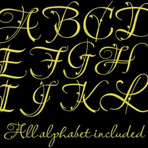 May include: A set of gold cursive letters A through L on a black background. The text "All alphabet included" is at the bottom of the image.