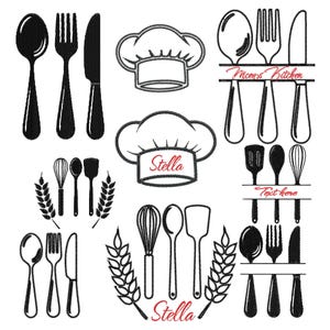 Puede incluir: Diseños de bordado en blanco y negro de utensilios de cocina, gorros de chef y espigas de trigo. Los diseños incluyen un batidor, una cuchara, una espátula, un tenedor, un cuchillo y un gorro de chef con el texto "Stella".