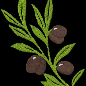 Puede incluir: Una rama de olivo verde con tres aceitunas marrones. La rama tiene muchas hojas y está estilizada para parecer un diseño de bordado.