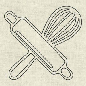 May include: A black and white line drawing of a rolling pin and a whisk crossed over each other. The image is stylized to look like a hand-stitched design.