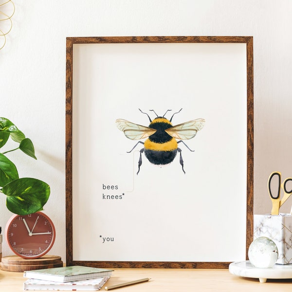 Bee's Knees Cute Pun watercolour artwork or card - Print at home PDF