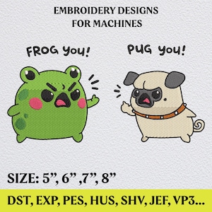 Meme de rana y pug, diseño para bordado a máquina (descarga digital)