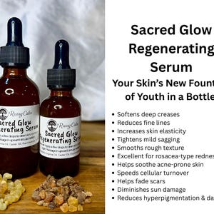 May include: Two brown glass bottles of Sacred Glow Regenerating Serum with black droppers. The bottles are labeled with product information and a logo. The image also includes text describing the serum's benefits and some natural ingredients.