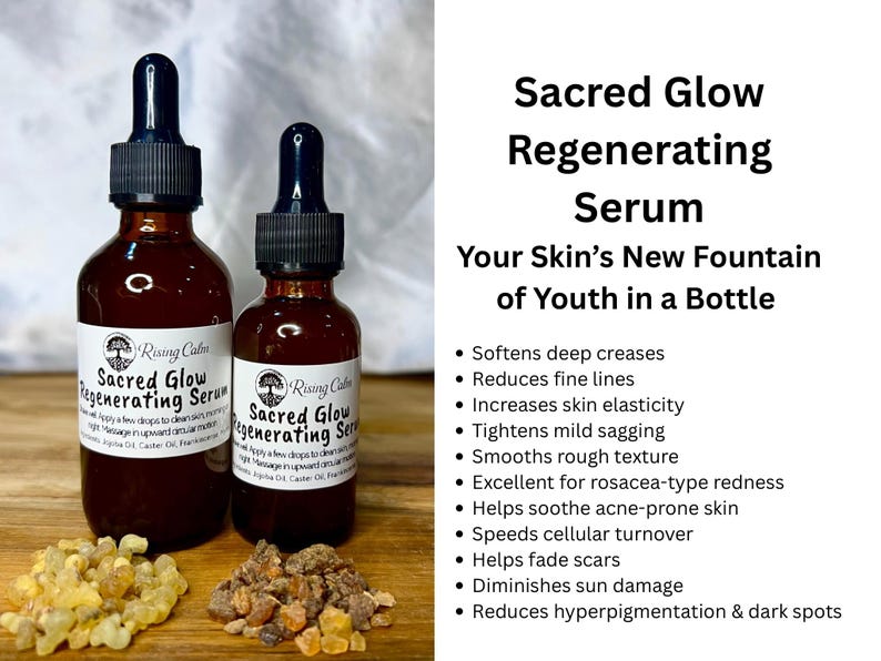 May include: Two brown glass bottles of Sacred Glow Regenerating Serum with black droppers. The bottles are labeled with product information and a logo. The image also includes text describing the serum's benefits and some natural ingredients.