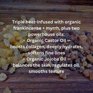 May include: A close-up of a pile of amber-colored frankincense and myrrh resin pieces. Text on the left describes the product's benefits, including boosting collagen and hydrating the skin. The background is a wooden surface.