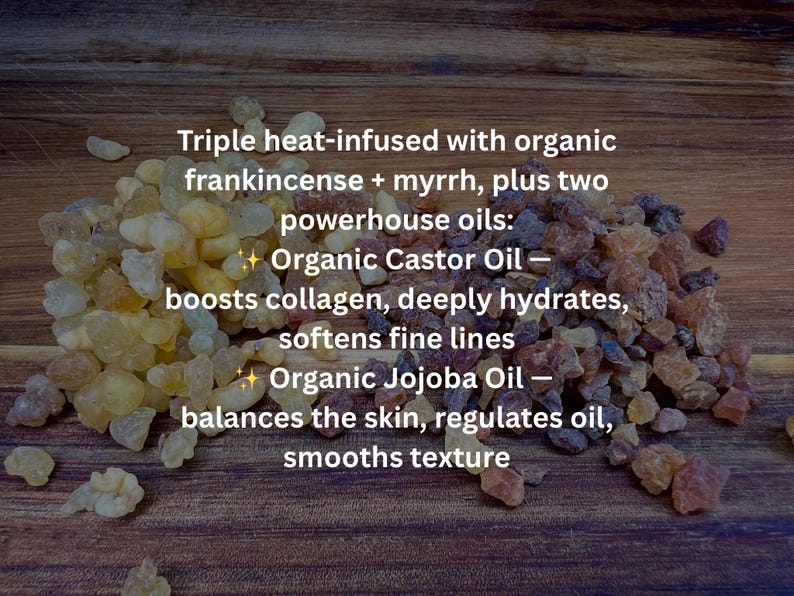 May include: A close-up of a pile of amber-colored frankincense and myrrh resin pieces. Text on the left describes the product's benefits, including boosting collagen and hydrating the skin. The background is a wooden surface.