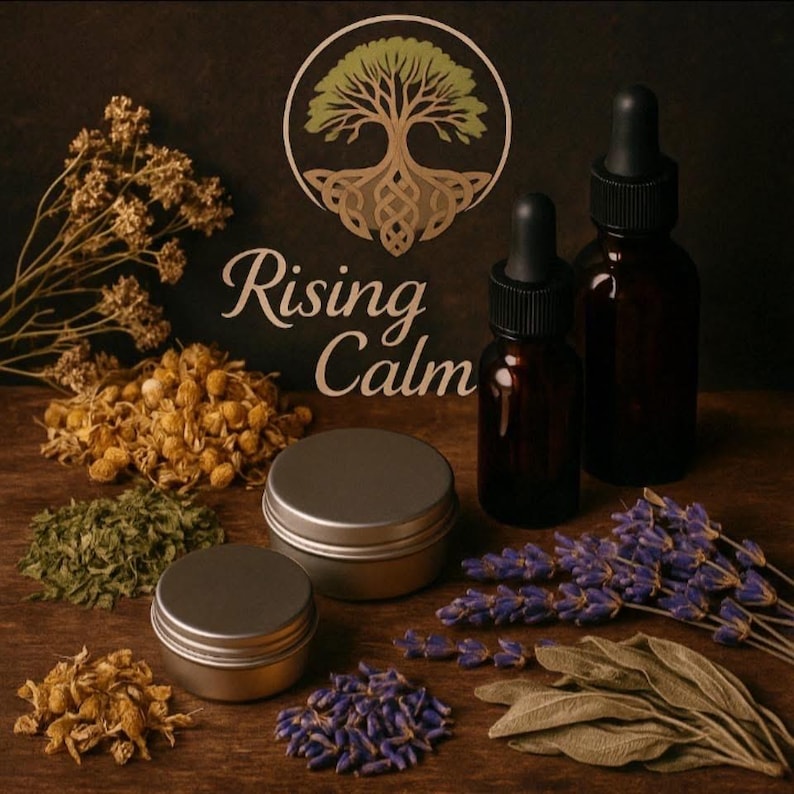 May include: An arrangement of apothecary items and botanicals. Two amber glass dropper bottles, two silver tins, and various dried herbs and flowers, including lavender and chamomile, are displayed on a wooden surface. The logo reads "Rising Calm".
