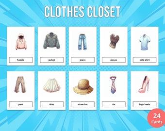 24 Clothes Closet Flash Cards Printable for Kids (Montessori Cards), Education Preschool, PDF, Instant Digital Download