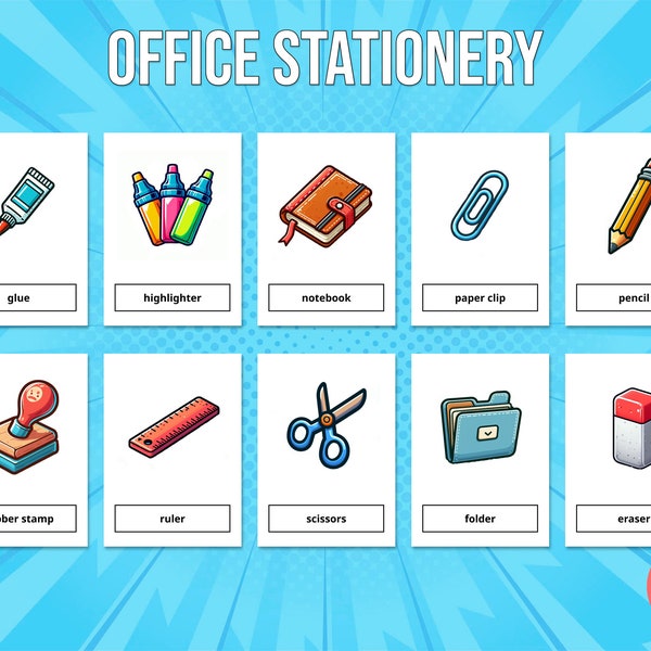 24 Office Stationery Flash Cards Printable for Kids (Montessori Cards), Education Preschool, PDF, Instant Digital Download