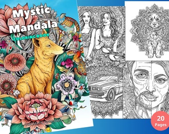 20 Mystic Mandala Coloring Page Book for Adult + Kid Instant Download Grayscale + Outline Coloring Page, Printable PDF, A4 Size