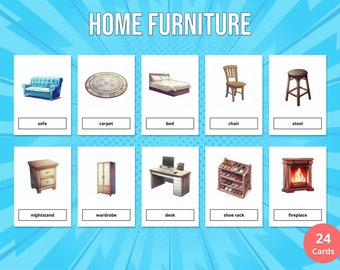 24 Home Furniture Flash Cards afdrukbaar voor kinderen (Montessori-kaarten), onderwijs kleuterschool, PDF, Instant Digitale Download