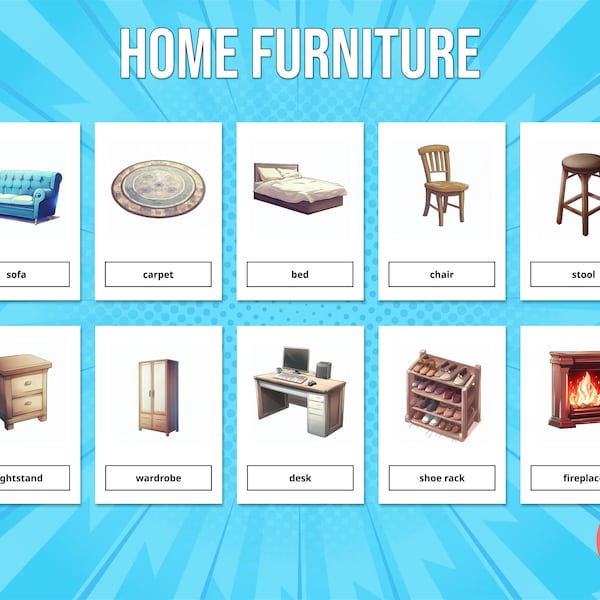 24 Home Furnitures Flash Cards Printable for Kids (Montessori Cards), Education Preschool, PDF, Instant Digital Download