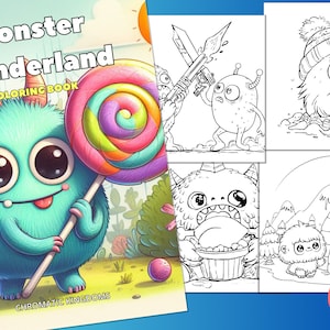 20 Monster Wonderland Coloring Page Book for Adult + Kid Instant Download Grayscale + Outline Coloring Page, Printable PDF, A4 Size