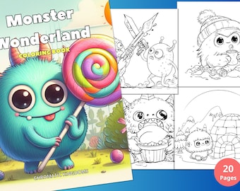 Libro para colorear de 20 monstruos del País de las Maravillas para adultos y niños, descarga instantánea, página para colorear en escala de grises y contorno, PDF imprimible, tamaño A4