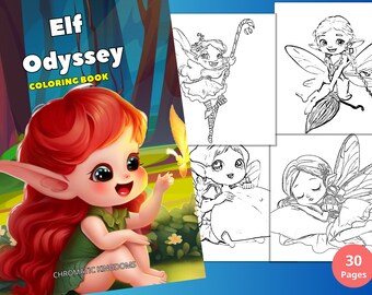 30 Elf Odyssey Coloring Page Book for Adult + Kid Instant Download Grayscale + Outline Coloring Page, Printable PDF, A4 Size