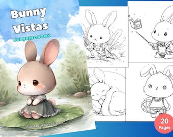 20 Bunny Vistas Coloring Page Book for Adult + Kid Instant Download Grayscale + Outline Coloring Page, Printable PDF, A4 Size
