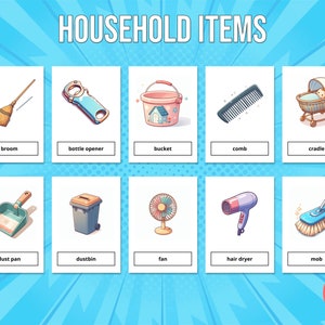 24 Household Items Flash Cards Printable for Kids Montessori Cards, Education Preschool, PDF, Instant Digital Download image 1